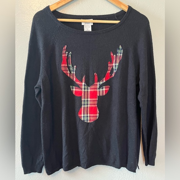 Monroe & Main Navy with Plaid Reindeer/Moose Wool/Alpaca Sweater Size Large - Picture 1 of 4